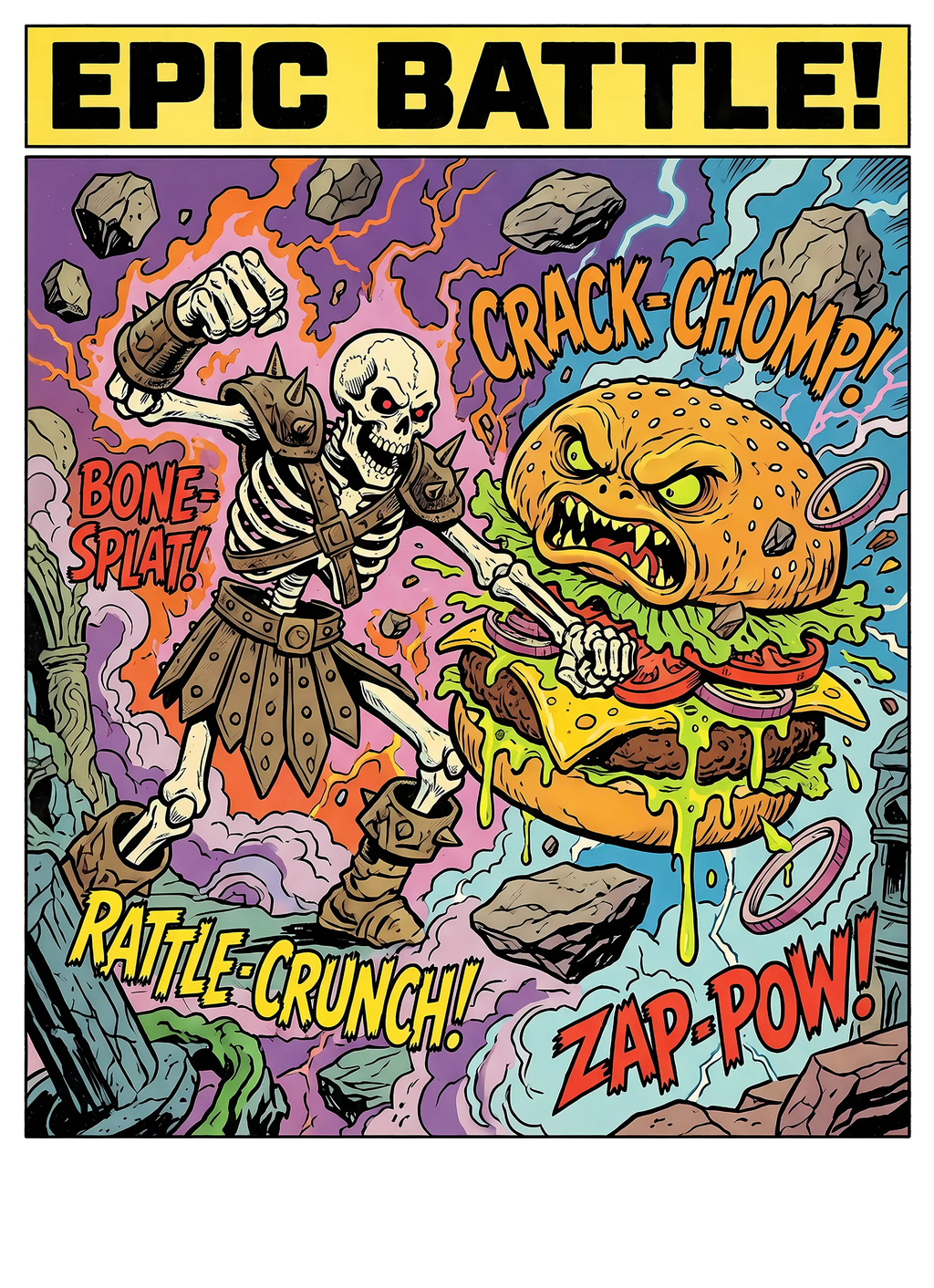 Sweatshirt Skeleton vs. Burger-Beast